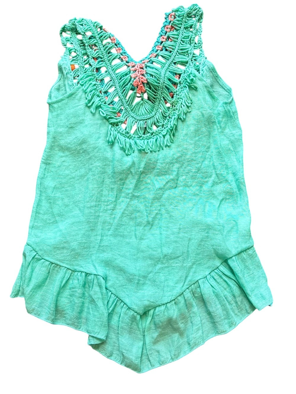 Turquoise Green Crochet Boho Peasant Top Coastal Gauze Beachy OS